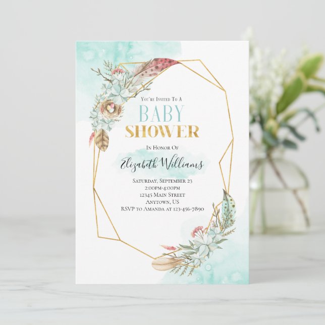 Boho Flowers Ram Baby Shower-inbjudan Inbjudningar (Stående Fram)