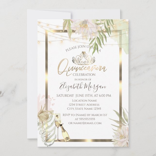 Boho Flowers Ram Vin Quinceanera Inbjudningar (Framsida)