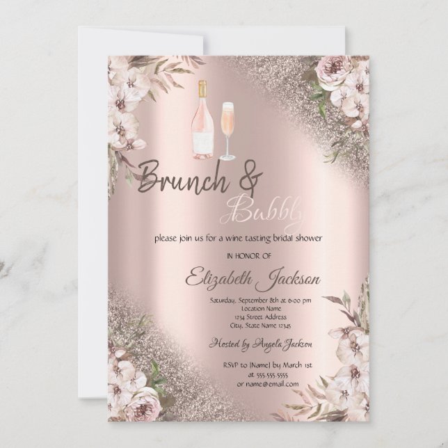 Boho Flowers Ro Guld Glitter Brunch & Bubly Inbjudningar (Framsida)