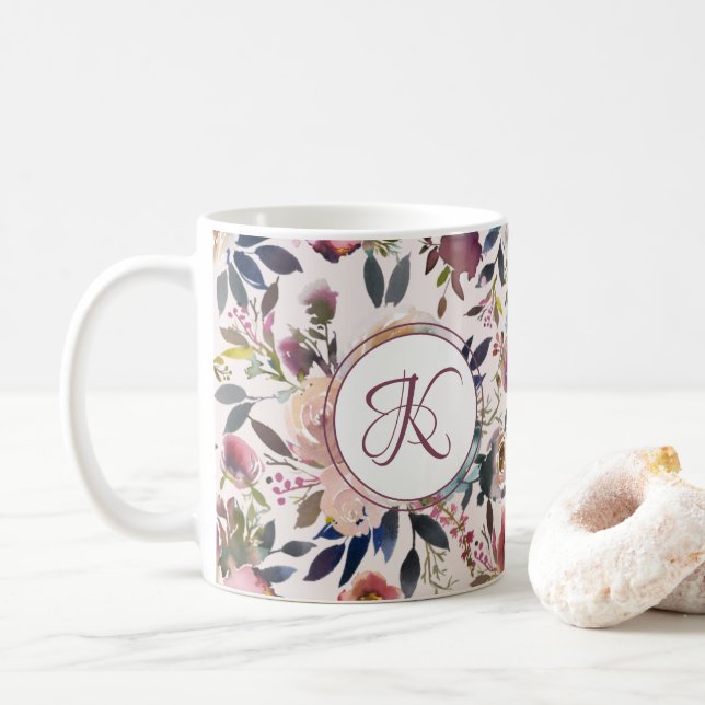 Boho Flowers Rosa Sage Grönt Monogram Kaffemugg (Med munk)