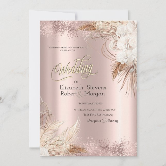 Boho Flowers Rose Gold Confetti Wedding  Inbjudningar (Framsida)