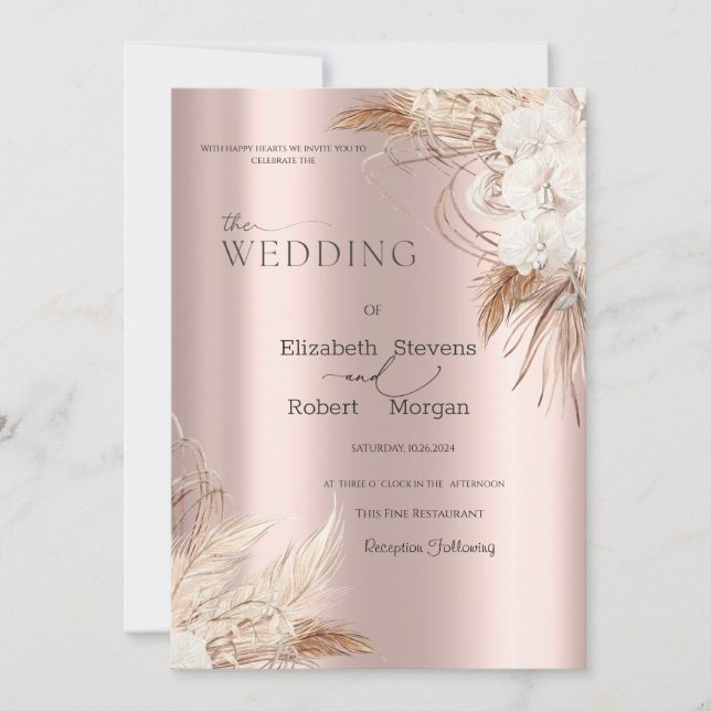 Boho Flowers Rose Gold Wedding  Inbjudningar (Framsida)