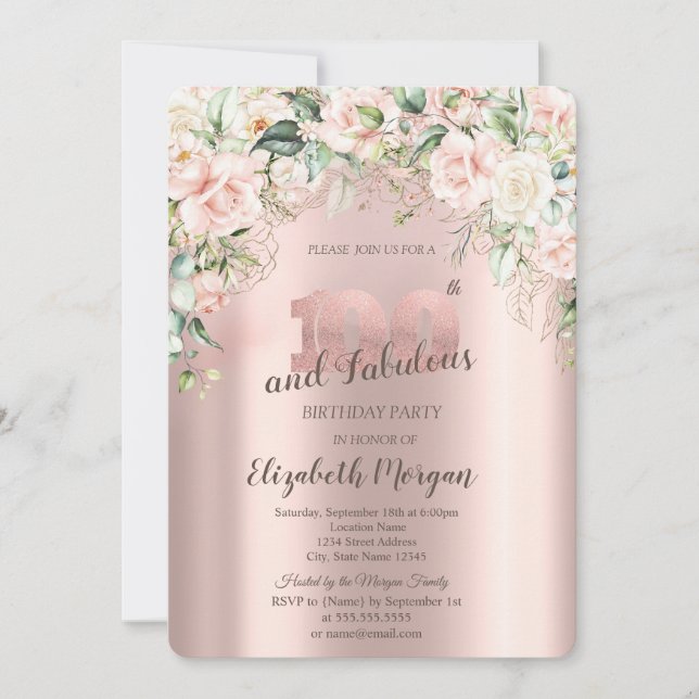 Boho Flowers Rosor Ro Guld 100-årsdagen Inbjudningar (Framsida)