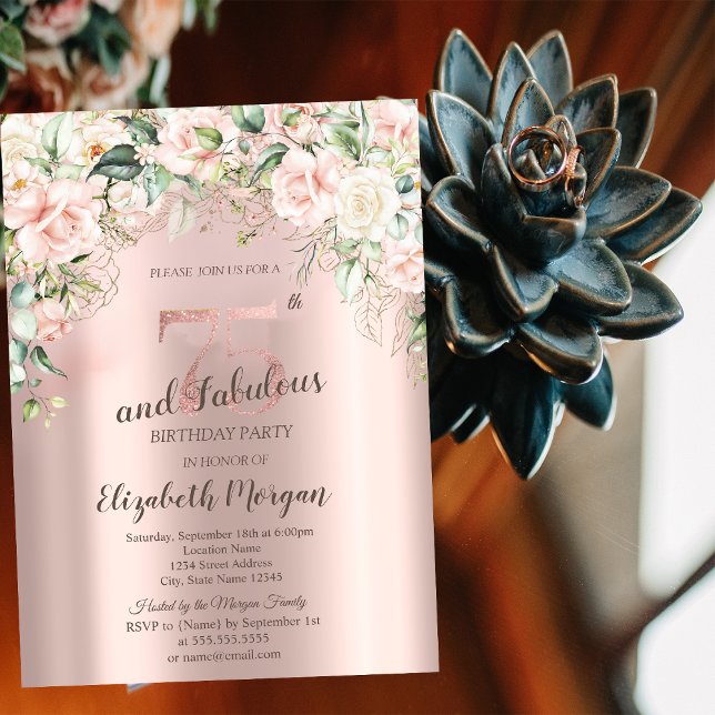 Boho Flowers Rosor Ro Guld 75:e Inbjudningar (Skapare uppladdad)