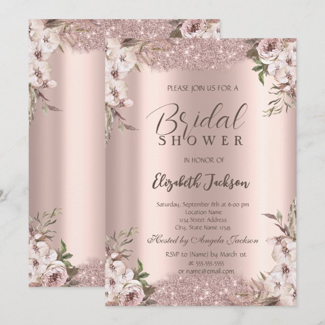 Boho Flowers Shiny Frame Rose Gold Bridal Shower  Inbjudningar (Fram/baksida)