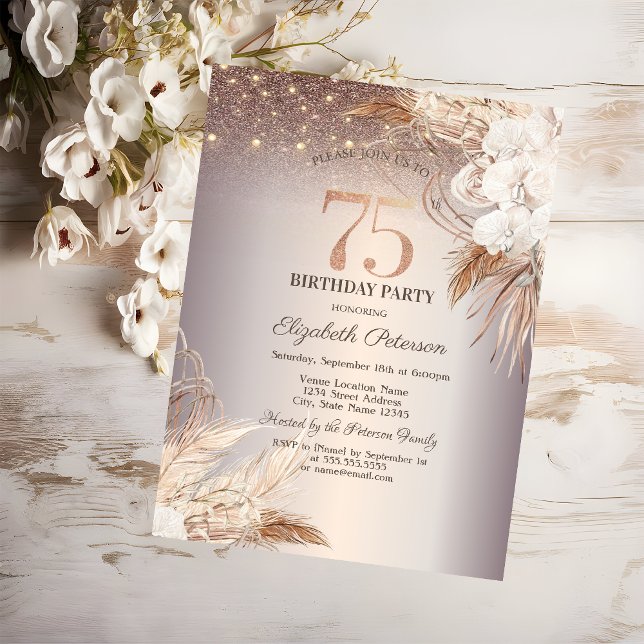 Boho Flowers,String Ljus Glitter 75:e födelsedag Inbjudningar (Skapare uppladdad)