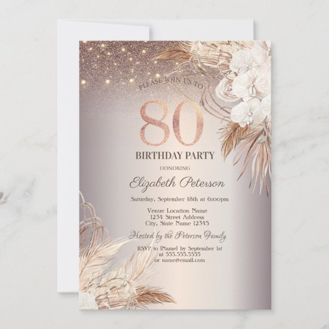 Boho Flowers,String Ljus Glitter 80:e födelsedagen Inbjudningar (Framsida)