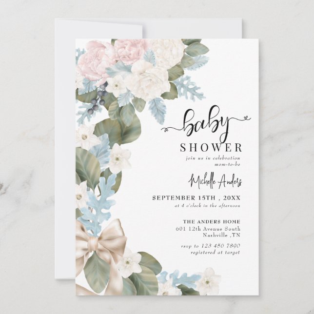 Boho Flowers Winter Watercolor Baby Shower Inbjudningar (Framsida)