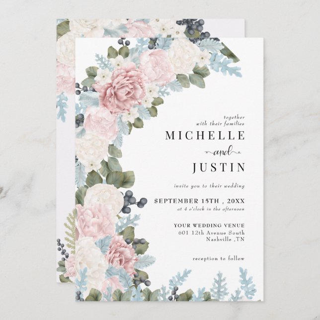 Boho Flowers Winter Wedding Inbjudningar (Fram/baksida)