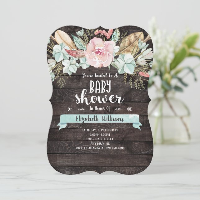 Boho Flowers Wood Baby Shower-inbjudan Inbjudningar (Stående Fram)
