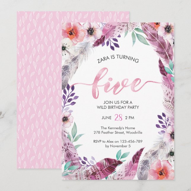 Boho Födelsedagsfest inbjudan | Femtonårsdagen (Fram/baksida)