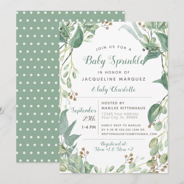 BOHO Foliage Eucalyptus Greenery Baby Sprinkle Inbjudningar (Fram/baksida)