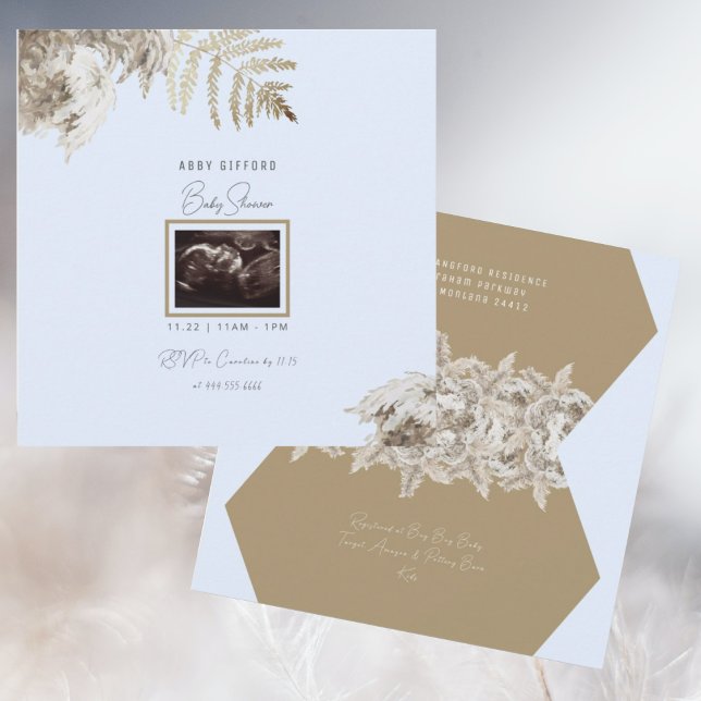 Boho Foliage Ultrasound Blue Baby Shower bjudan Inbjudningar (Skapare uppladdad)