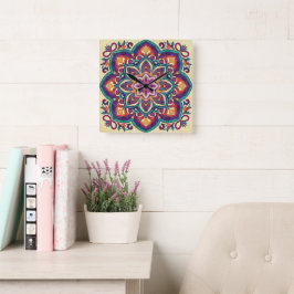 Boho Folk Art Blomma Fyrkantig Klocka