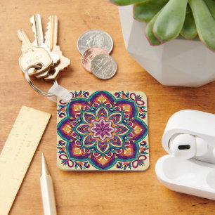 Boho Folk Art Blomma  Nyckelring