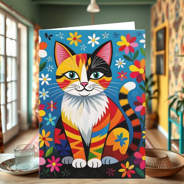 Boho Folk Art Cat, Flowers & Butterfly Birthday Kort (Skapare uppladdad)