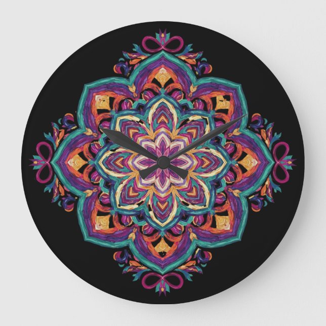 Boho Folk Art Flower Stor Klocka (Framsida)