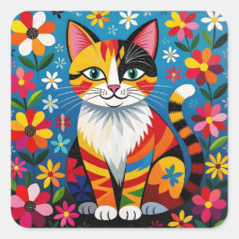 Boho Folk Art Katt, Blommor & Fjäril Fyrkantigt Klistermärke