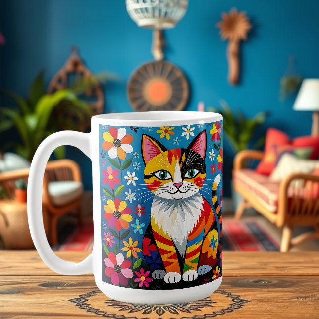 Boho Folk Art Katt, Blommor & Fjäril   Kaffemugg (Skapare uppladdad)