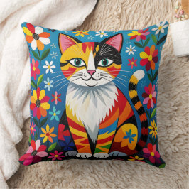 Boho Folk Art Katt, Blommor & Fjäril Kudde