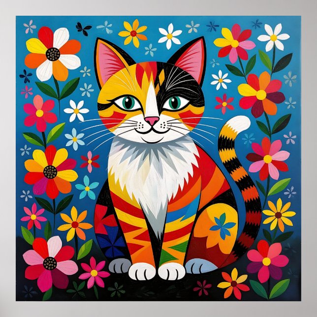 Boho Folk Art Katt, Blommor & Fjäril   Poster (Framsidan)