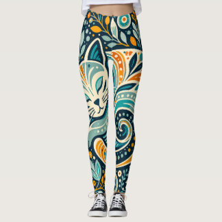 Boho Folk Art Katt och Blommig Mönster Leggings