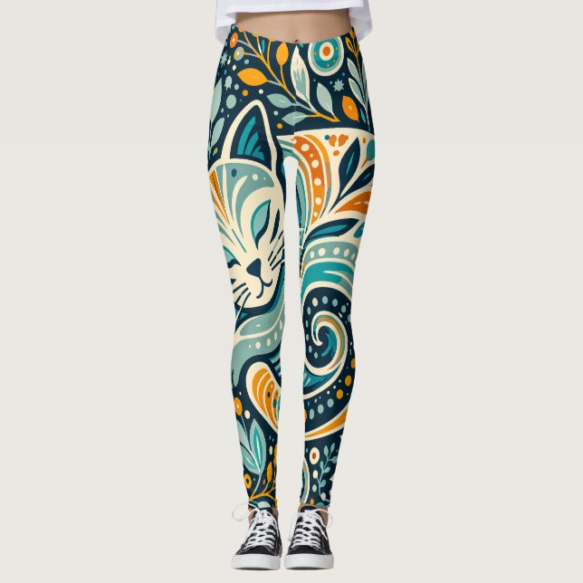 Boho Folk Art Katt och Blommig Mönster Leggings (Framsida)