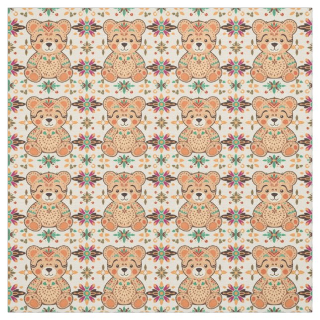 Boho Folk Art Teddy Bear Sömlöst Mönster Tyg (Provkarta)
