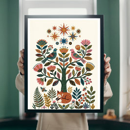 Boho Folk Art Träd des Livet Påfågel Celestial Pos Poster