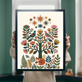 Boho Folk Art Träd des Livet Påfågel Celestial Pos Poster