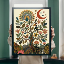 Boho Folk Art Träd des Livet Påfågel Celestial Sto