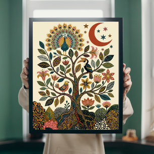 Boho Folk Art Träd des Livet Påfågel Celestial Sto Poster