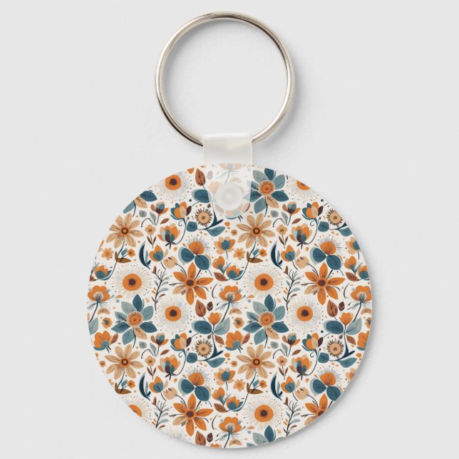 Boho Folk Art Wildflower Meadow Rust Teal Floral Nyckelring (Framsida)