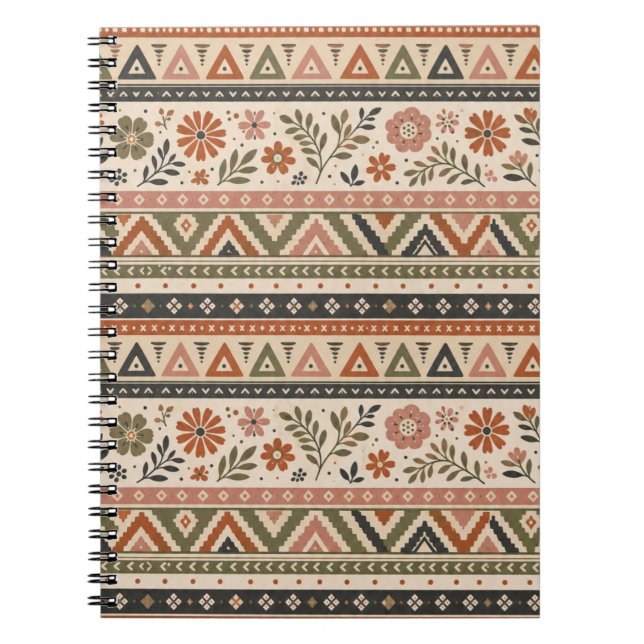 Boho Folk Blommig Geometrisk Sömlös Mönster Anteckningsbok (Framsidan)
