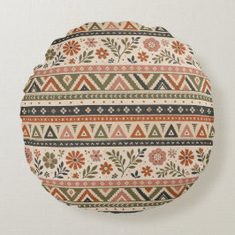 Boho Folk Blommig Geometrisk Sömlös Mönster Rund Kudde