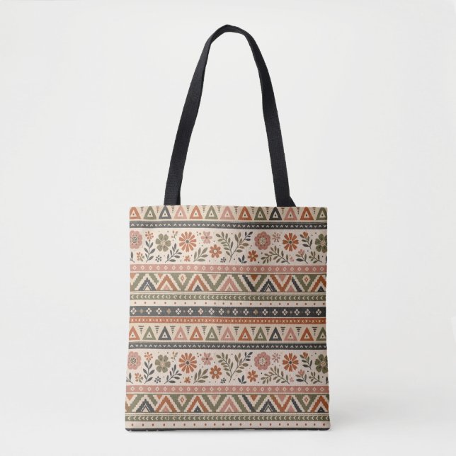 Boho Folk Blommig Geometrisk Sömlös Mönster Tygkasse (Framsida)