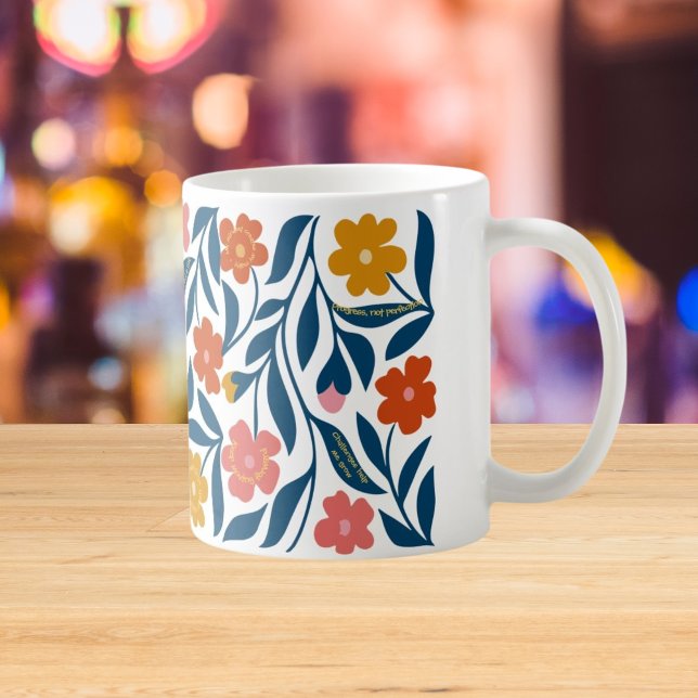 Boho Folk Blommig Konst, Positivt Bekräftelseprese Kaffemugg (Skapare uppladdad)