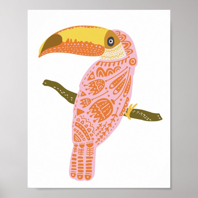 Boho Folk Blommigt Toucan Illustration in Rosa Poster (Framsidan)