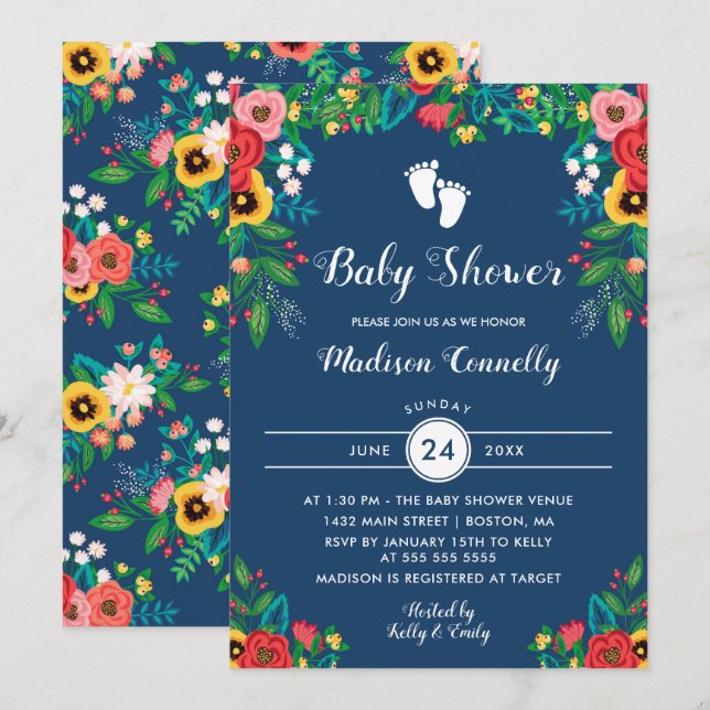 Boho Folk Flowers Footprint Baby Shower Inbjudningar (Fram/baksida)
