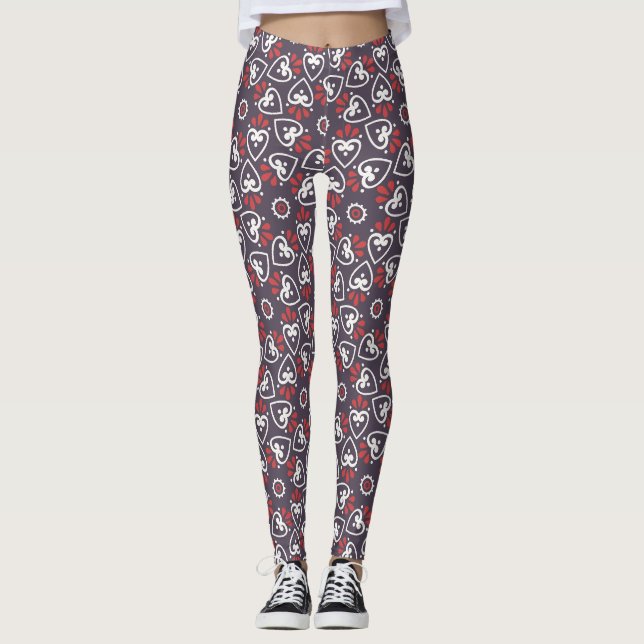 Boho Folk Hearts Pattern Tile Leggings (Framsida)