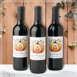 Boho Folk Pumpkin Thanksgiving Vinflaska Etikett