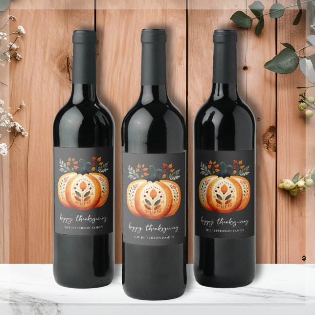 Boho Folk Pumpkin Thanksgiving Vinflaska Etikett (Skapare uppladdad)