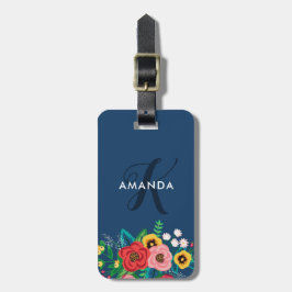 Boho Folkblommor - djupblå Monogram Bagagebricka