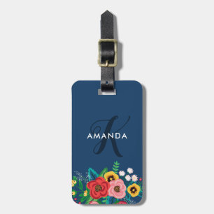 Boho Folkblommor - djupblå Monogram Bagagebricka