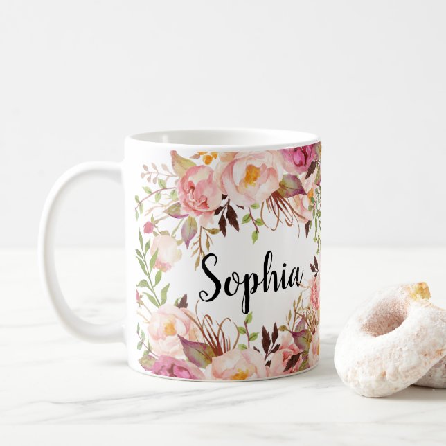Boho för Blommigten Anpassat namn för Personlig Kaffemugg (Med munk)