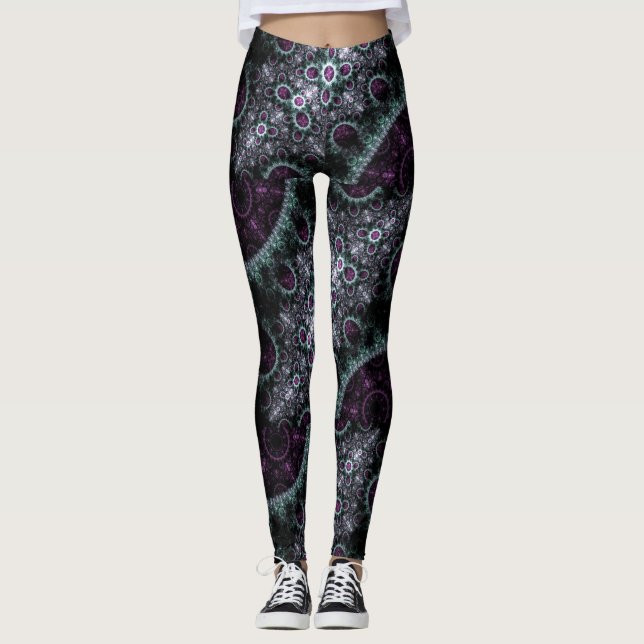 Boho för mörk lilagrönt spiral blom- Fractal Leggings (Framsida)