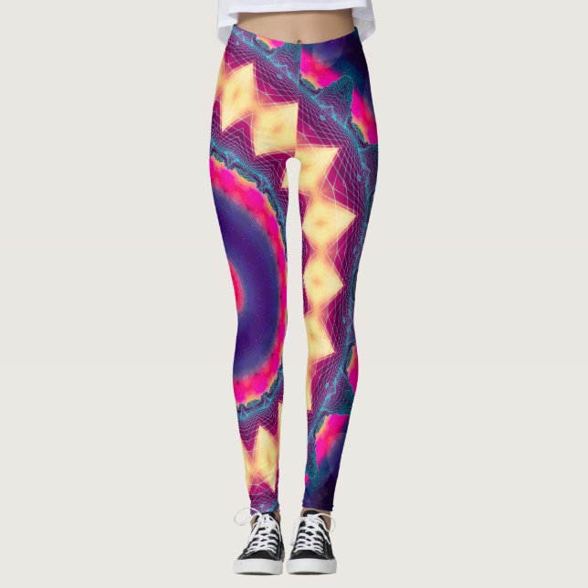 Boho för UV Reactive neonglödblomma hänförd Leggings (Framsida)