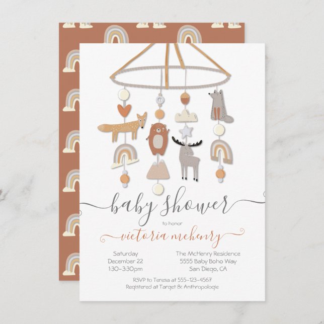Boho Forest Animals Mobile Baby Shower-inbjudan Inbjudningar (Fram/baksida)