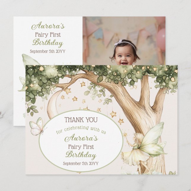 Boho forest Fairy First birthday photo Tack Kort (Fram/baksida)