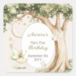 Boho Forest Watercolor Fairy First birthday Fyrkantigt Klistermärke